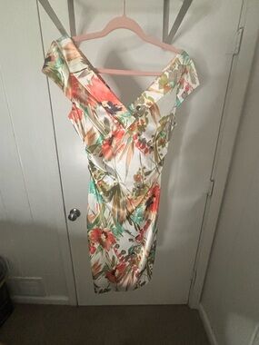 Maggy London One-Shoulder Floral Sheath Dress in Cream, Coral, Green